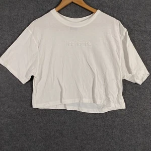 Lee Shirt Womens 8 White Top Tee Retro 80s Style Boyfriend Fit Cropped Embossed - Picture 1 of 10