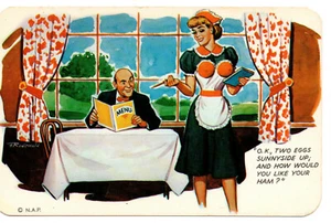 Sexy Waitress Boobs Eggs Vintage Cartoon Postcard Humor Funny - Color By Nyack - Picture 1 of 2