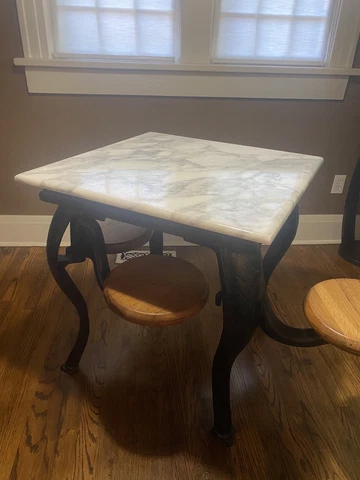 Vintage Ice Cream Parlor Table, Swing Out Seats - Cast Iron, Italian Marble, Oak Cover