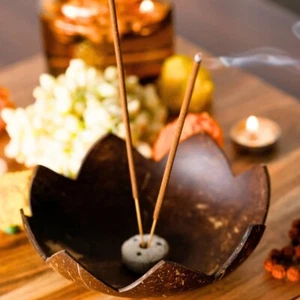 Coconut Shell Agarbatti Stand with Ash Catcher Wooden Incense Stick Holder Brown - Picture 1 of 3