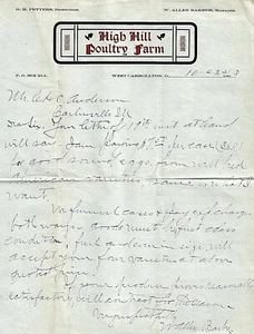 1903 Original Letterhead HIGH HILL POULTRY FARM West Carrollton OH Chicken 3366 - Picture 1 of 2