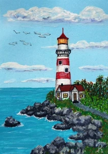 Lighthouse symbol of hope for well-being ACEO Handmade Original Postcard - Picture 1 of 11