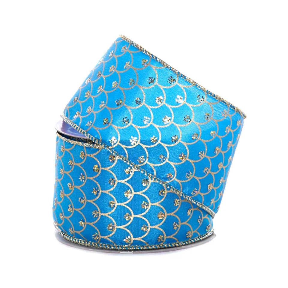 Blue and Gold Fish Scale Satin Wired Ribbon - 2 1/2in. x 10 Yards (pm56007203) - Image 1 of 1
