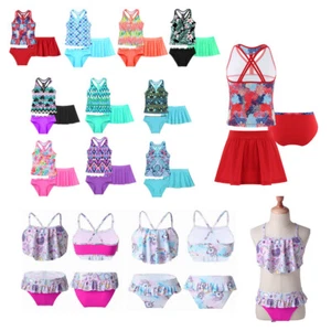 3Pcs Girls Swimsuits V Neck Sleeveless Beachwear Tankini Swimwear Bathings Suits - Picture 1 of 93