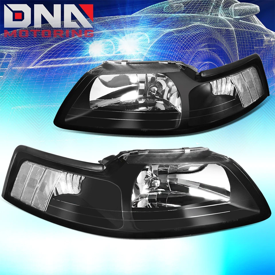 Par de faros delanteros para Ford Mustang 1999-2004 carcasa negra estilo de fábrica Foto 1 de 4