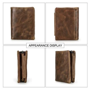Men's Crazy Horse Leather Wallet Purse Photo 9 Credit Card Holder Zipper Closure - Picture 1 of 8