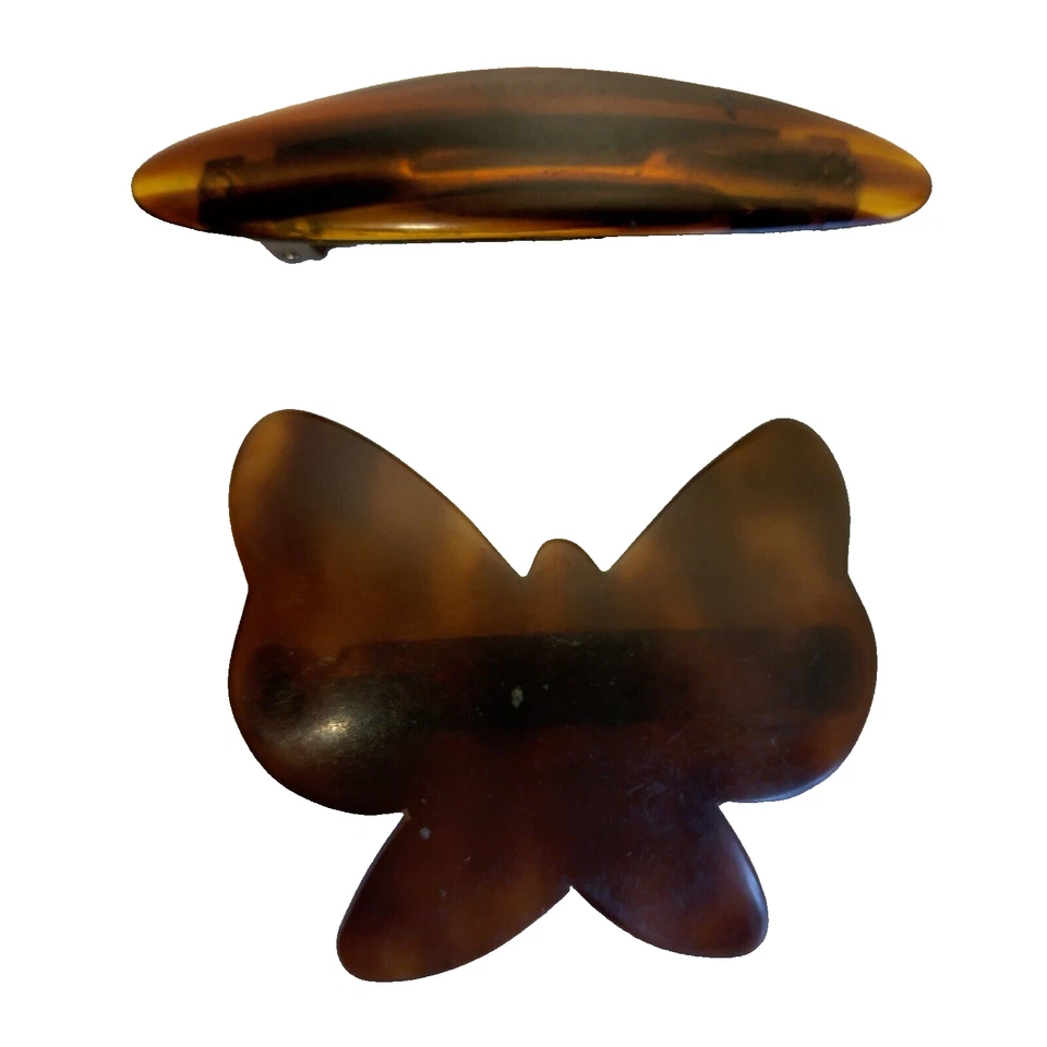 Vintage Hair Barrette Pair Butterfly Rounded Made In France Brown 2 Hairclips - Image 1 of 4