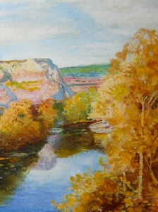 VINTAGE OIL AND WATERCOLOUR ON PAPER OF A RIVER CANYON SCENE    P33 - Imagen 1 de 5
