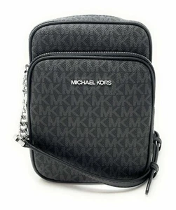 Michael Kors Medium Flight Bag Crossbody Leather Handbag Black Signature Silver - Picture 1 of 6