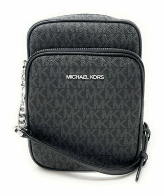 Michael Kors Medium Flight Bag Crossbody Leather Handbag Black Signature Silver - Image 1 of 4