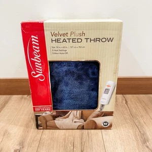 Sunbeam Gray/Blue Heated Plush Throw 50" x 60" 3 Settings 3 Hour Auto Off - Picture 1 of 7
