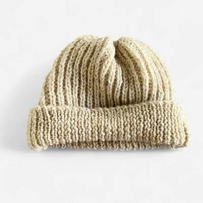 Beige wool handmade Ribbed Cable knit beanie One Size Oatmeal / Natural OSFA - image 1 of 4