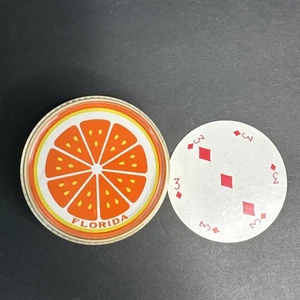 Vtg Florida Oranges 3" Round Playing Cards Plastic Celluloid Case Complete - Picture 1 of 6