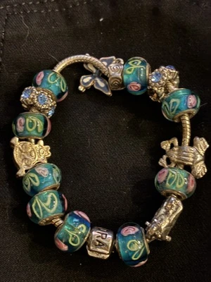 Auténtico Brazalete Pandora Plata de Ley 925 Dije 7.75" CARGADO CON DIJES Foto 1 de 4