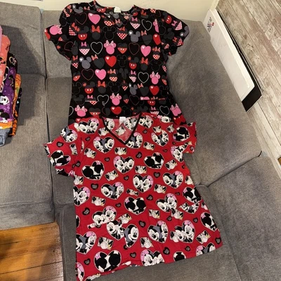 2- Women’s Disney Mickey & Minnie Mouse V Neck Scrub Top Size M & L #5 - Image 1 of 4
