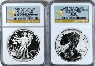 2013 West Point Silver Eagle 2pc Set SP70 Enhanced & Reverse PF70 Early Release - Image 1 of 2