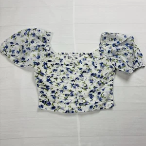 Elodie Crop Top Womens Large Smocked Puff Sleeve Blouse Stretch Floral Beach - Picture 1 of 6