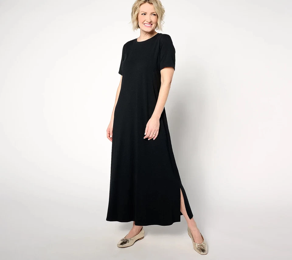 Maxi Vestido Negro Denim & Co. Playa Regular Estampado Jersey Corto Slv S A643219 Foto 1 de 1