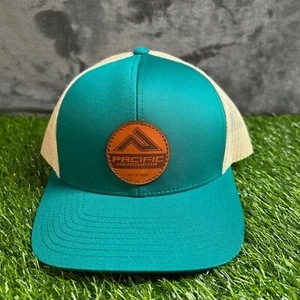 Pacific Headwear Trucker Hat Leather Patch Snapback Cap Teal Beige Mens - Picture 1 of 9