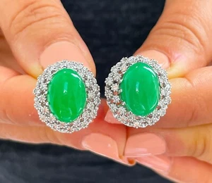 Pendientes de compromiso de oro blanco de 14 K corte ovalado jade y diamantes Halo novia 8,70 quilates - Imagen 1 de 3