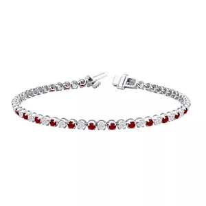 3Ct Round Cut Lab Grown VS/FG Diamond & Ruby Tennis Bracelet 10K White Gold 7"In - Picture 1 of 7