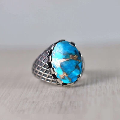 Solid 925 Sterling Silver Natural Blue Copper Turquoise Gemstone Men's Gift Ring - Image 1 of 4