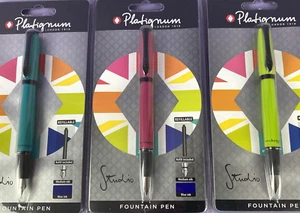 3 X Platignum Studio Fountain Pens Turquoise, Lime Green, Dark Pink New/Sealed - Picture 1 of 6