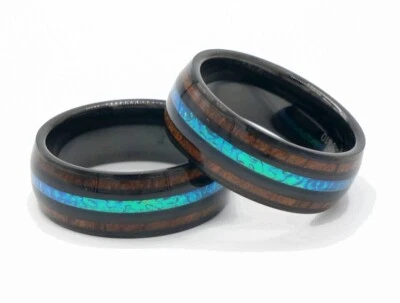 8mm Men's Black Tungsten Hawaiian Koa Wood Opal Wedding Band Ring Comfort Fit - Image 1 of 2