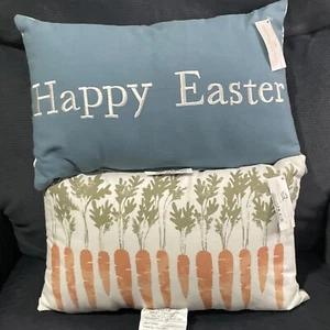 Set Of 2 Easter Throw pillows Blue And Carrot Pattern Flowers And Checkerboard - Picture 1 of 2