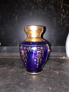 Gorgeous Vintage Cobalt Blue Glass with jewels Gold Gilded Vase - 5" - Picture 1 of 4