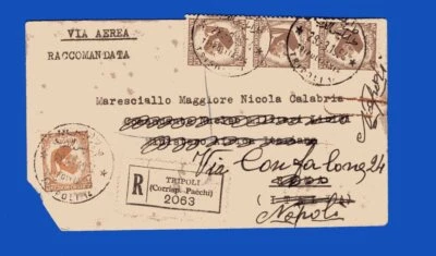 LIBIA 1954 REGISTRO CUBIERTA AÉREA A ROMA, REENVIADO A NAPOLI, TRÍPOLI CANCELAR BUENO Foto 1 de 2