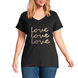 Plus V neck Short Sleeves Foil Graphic T-Shirt-LOVE LOVE LOVE - Picture 1 of 2
