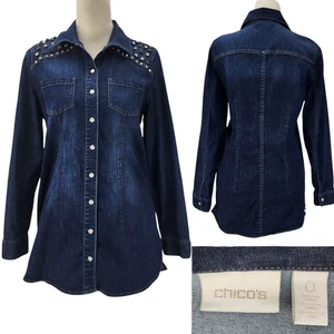 Chico's Womens 0 36" Chest Chambray Denim Pearl Snap Shirt Tunic Top w Pockets - Picture 1 of 14