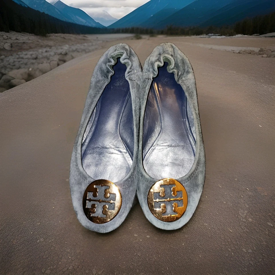 Pisos de ballet Tory Burch Reva de gamuza azul marino logotipo dorado para mujer talla 6,5 M Foto 1 de 4