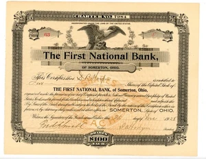 1928 First National Bank of Somerton Ohio Stock Certificate Signed AB Harper - Picture 1 of 2