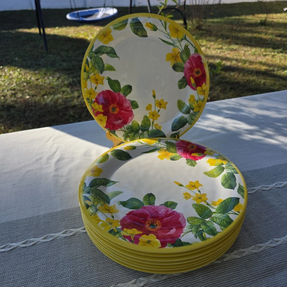 8 Platos de Cena de Melamina Floral 10.5" Amarillo Rojo Rosa Flor Primavera Verano Nuevos sin Etiquetas Foto 1 de 4