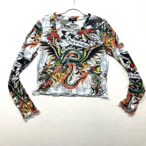 Wmns XL Ed Hardy Stretchy Sheer Top Dragon Tattoo Crop Shirt Long Sleeve Y2K - Picture 1 of 7
