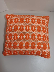 Vintage Handmade Crochet Pillow Orange / White 14 x 14 - Picture 1 of 4