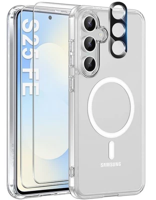 LONFEID Klar Magnetisch Hülle + Displayglas + Kameraschutz für Samsung Galaxy S25 FE 5G
