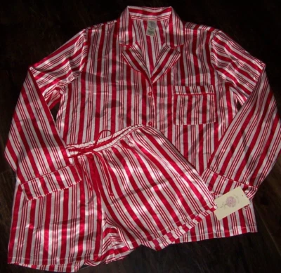 NWT In Bloom by Jonquil RED/WHITE CANDY CANE STRIPE SATIN Pajama Shorts Set L - Image 1 of 3