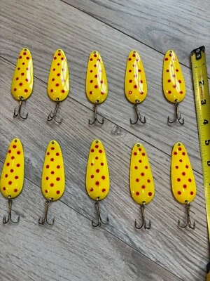 10 New Chartreuse Red Dot Jigging Casting Spoon 2 3/4" 3/5 oz Mepps Dardevle - Image 1 of 3