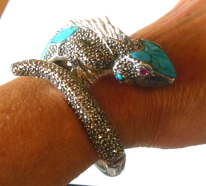 925 Silver Iguana Lizard Bracelet Turquoise, Marcasite, Genuine Ruby Eyes -6.5 - Picture 1 of 11