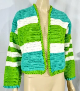 Vintage Retro Handarbeit grün gestreift offen Häkel Strickjacke Pullover L XL - Bild 1 von 8