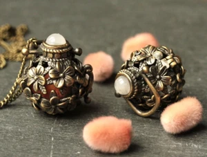 Vintage Medaillon Weidekätzchen Kette Rosenquarz Geschenkidee Frauen Mutter - Bild 1 von 7