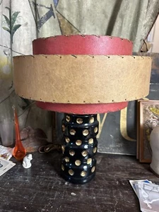 1960s Black Gold Polkadot Mid Century Oval Table Lamp 3 Tier Fiberglass Shade - Picture 1 of 7
