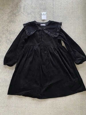 NEW ZARA GIRLS BLACK CORDUROY RUFFLE COLLAR DRESS 10 Years - Image 1 of 4