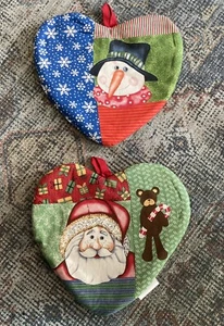 Lot 2 Christmas Heart Shaped Pot Holders Hang Loop Santa Snowman Designs 9 x 8”  - Picture 1 of 12