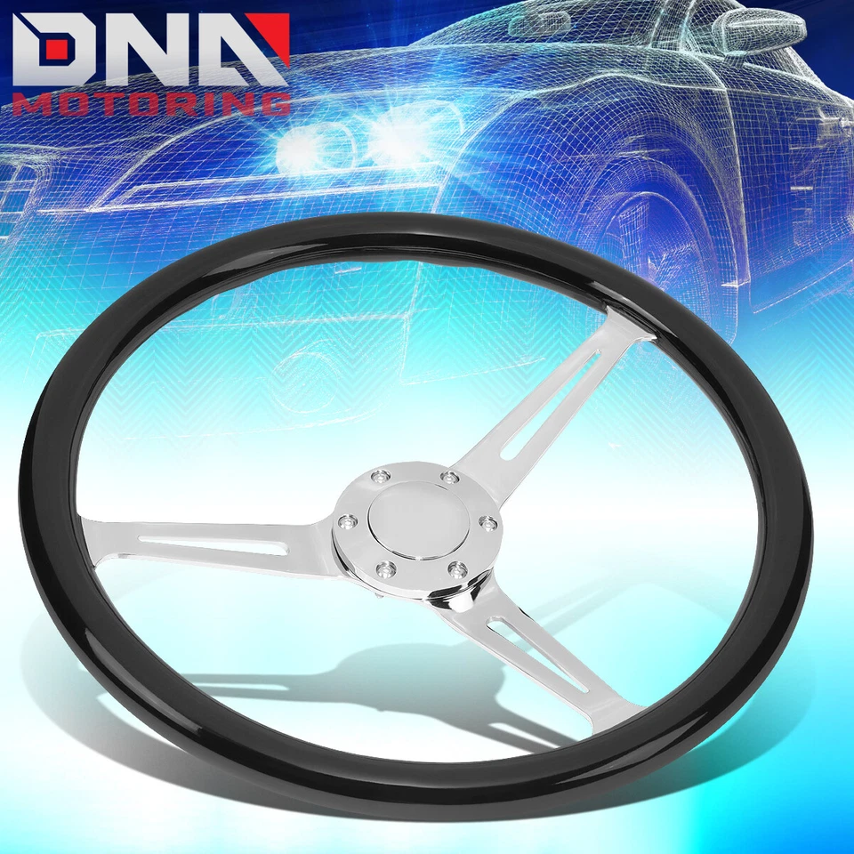 38CM 2"DEEP DISH STAINLESS STEEL SPOKES 6-HOLE CLASSIC BLACK WOOD STEERING WHEEL - Imagem 1 de 4