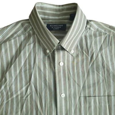 Roundtree Yorke Striped Green Gray White Mens M Dress Shirt Long Sleeve Button - Imagem 1 de 4