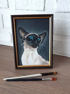 Siamesische Katzenmalerei Haustier Original Kunst gerahmt 8 x 6 Katze blaue Augen Ölgemälde - Bild 1 von 7